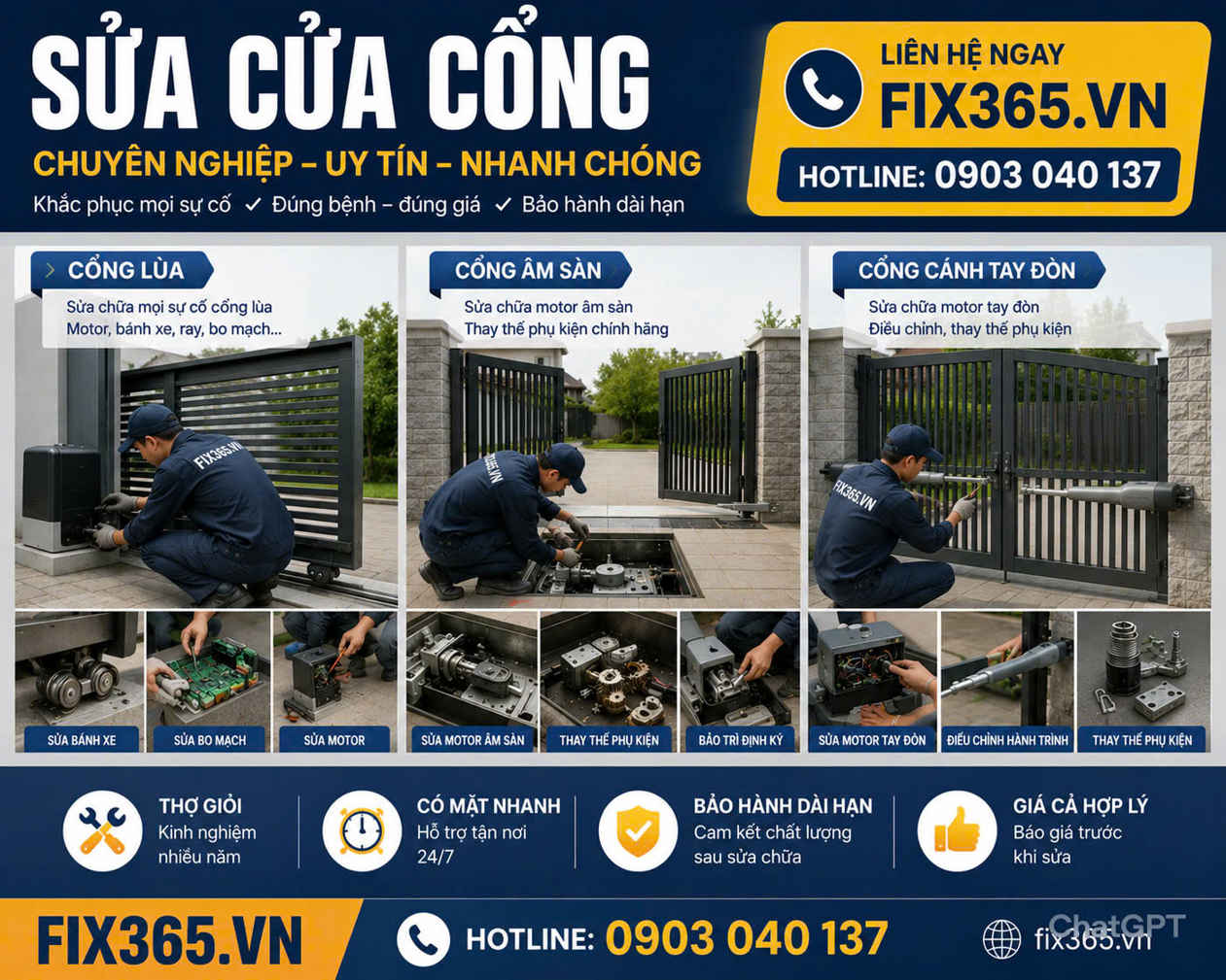 Thợ FIX365.VN sửa chữa motor và phụ kiện cửa cổng tự động các loại, dịch vụ chuyên nghiệp uy tín