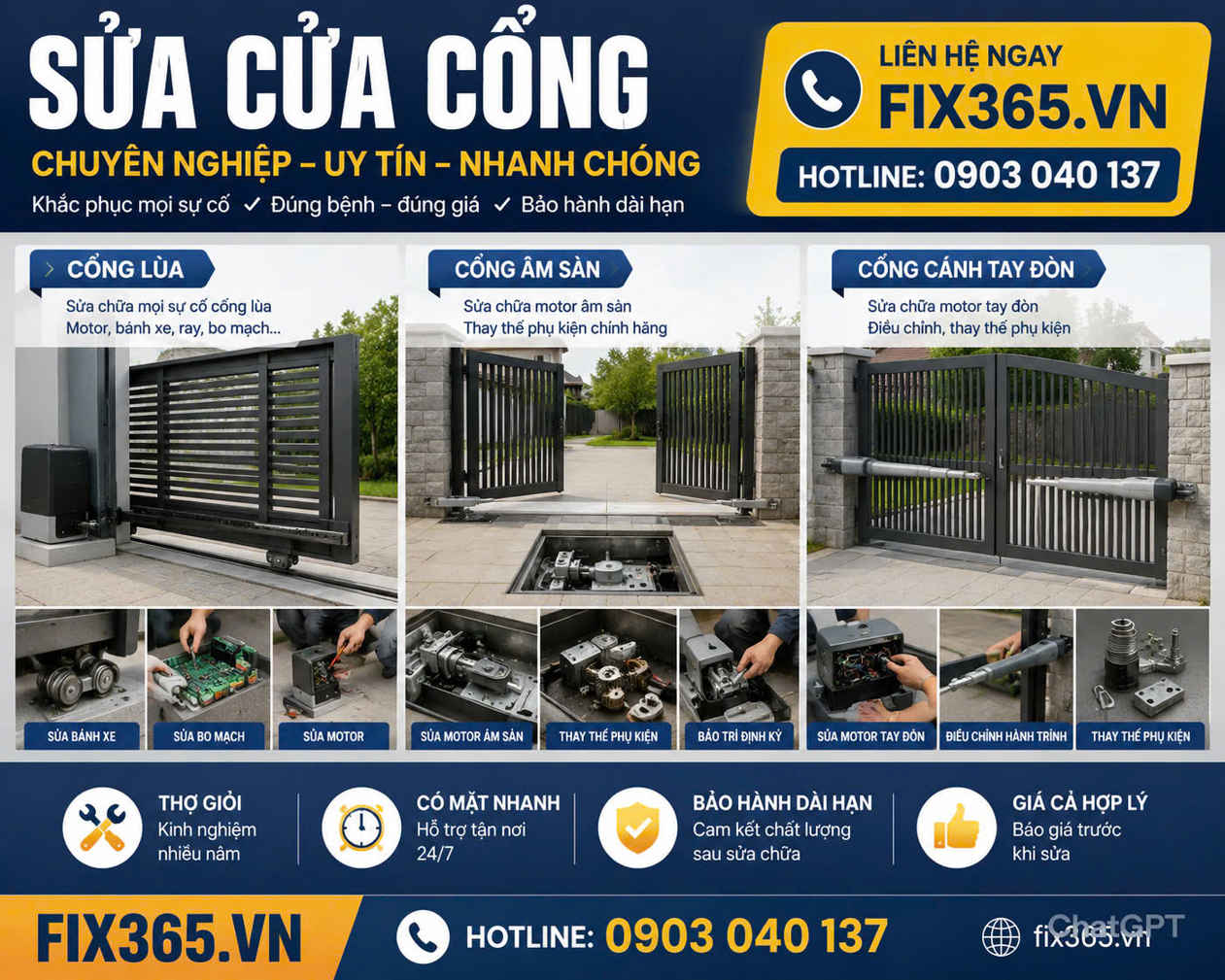 Dịch vụ sửa cửa cổng tự động Fix365.vn chuyên sửa cổng lùa, cổng âm sàn, cổng cánh tay đòn