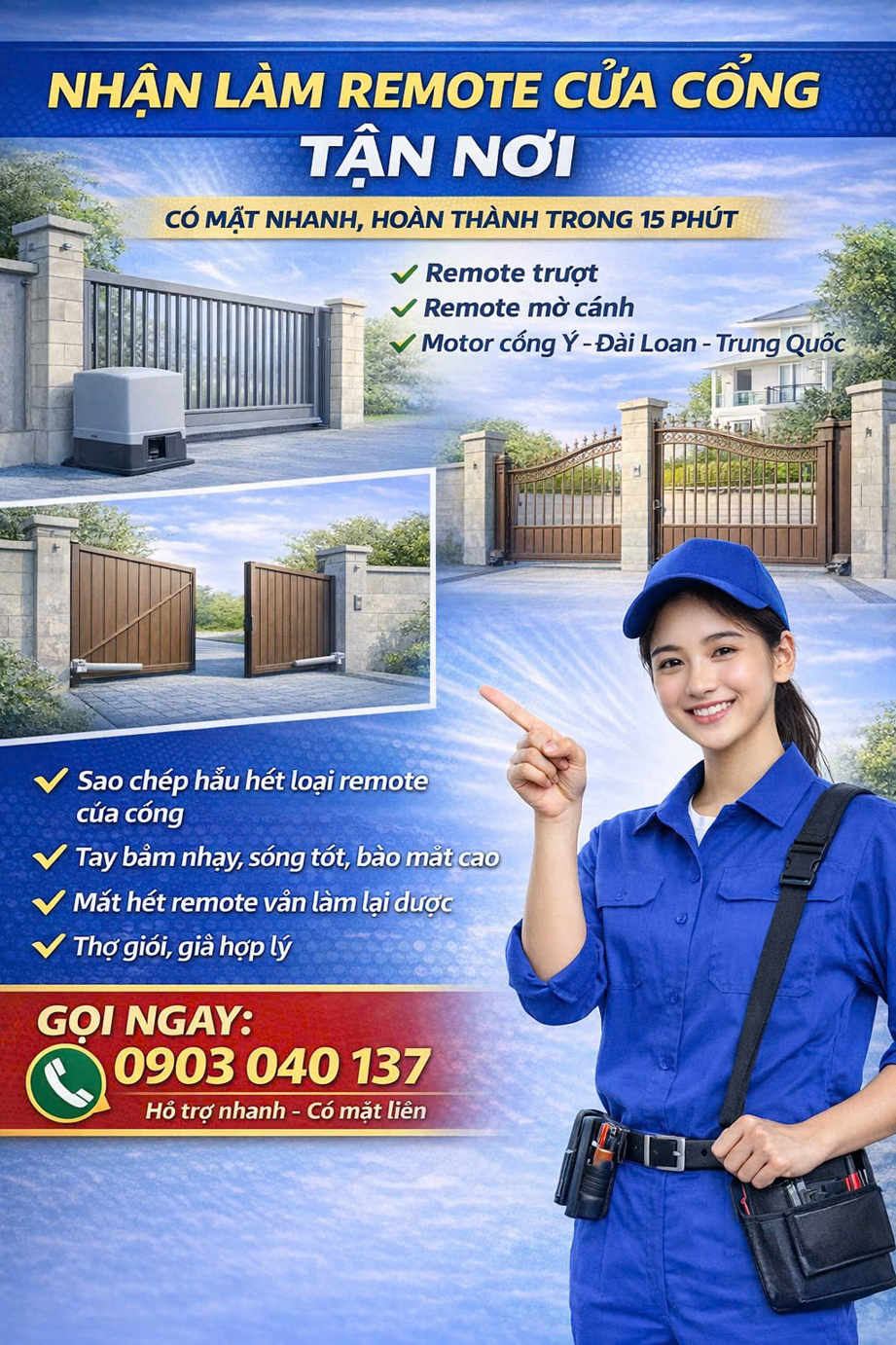 Dịch vụ làm remote cửa cổng tự động tận nơi, thợ mặc đồng phục xanh cầm dụng cụ sửa chữa