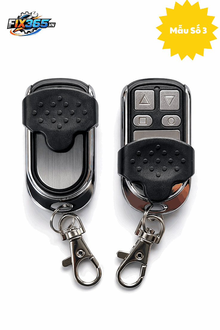 Remote điều khiển cửa cuốn Fix365 mẫu số 3 vỏ kim loại, nắp trượt nhựa đen, móc khóa inox