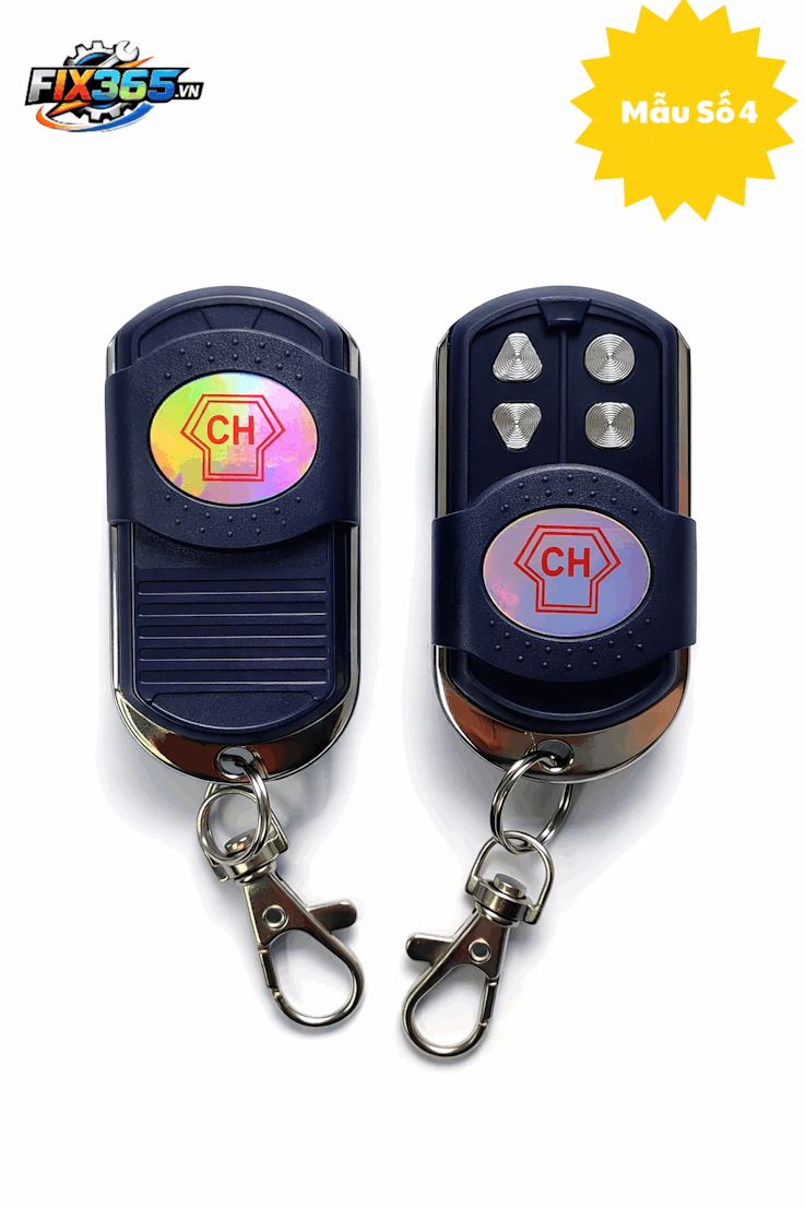 Remote cửa cuốn CH màu xanh đen mẫu số 4 với móc khóa kim loại, mặt trước bốn nút bấm