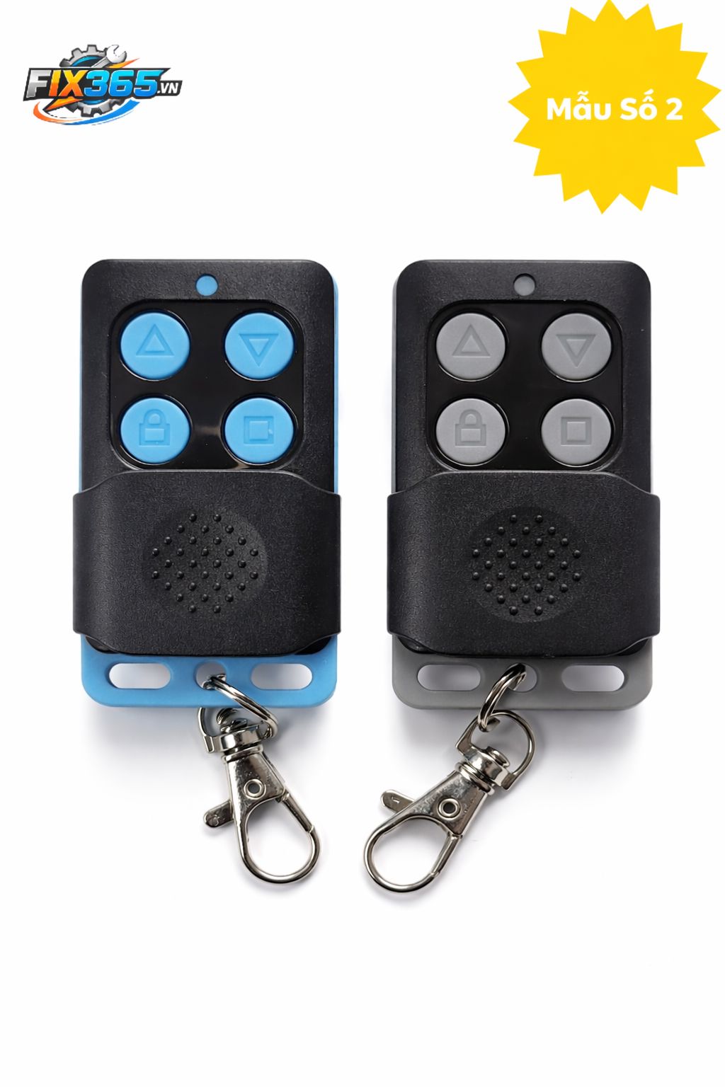 Hai remote điều khiển cửa cuốn Fix365 màu xanh và xám với móc khóa kim loại